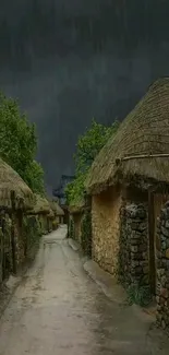 Scenic rustic village pathway with stone and thatched cottages under dark sky.