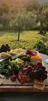 Sunlit vineyard picnic with cheese, grapes, and wine.