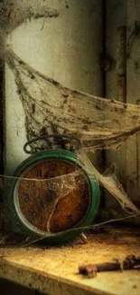 Vintage clock with cobwebs on a rustic shelf.