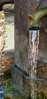 Rustic fountain with flowing water in a natural setting.