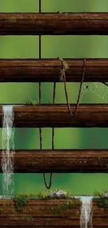 Rustic wooden planks with greenery and waterfalls in nature wallpaper.