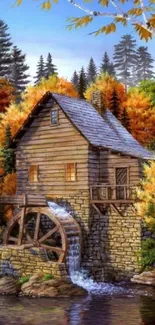 Rustic watermill with autumn leaves reflecting in a calm river under blue skies.