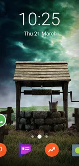 Rustic well with dramatic sky wallpaper for mobile screen