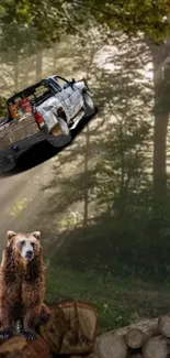 Wilderness wallpaper with truck and bear in forest setting.