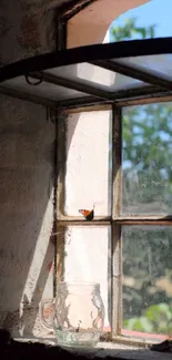 Rustic window scene with butterfly perched on the sunny windowsill and a glass jar.