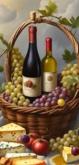 Rustic basket with wine, grapes, and cheese.