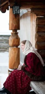 Rustic winter scene with a woman in traditional clothing by a wooden cabin.