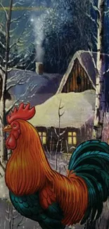 Rooster in winter cabin setting with snow-covered landscape.