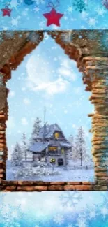 Rustic winter cabin viewed through a stone arch amidst snow-covered trees.