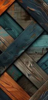 Rustic wood texture with teal and orange accents, creating an artistic look.