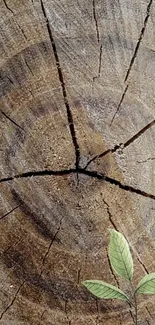 Rustic wood texture with tree rings and green leaves.