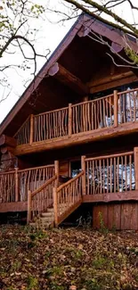 Rustic wooden cabin surrounded by trees and autumn leaves.