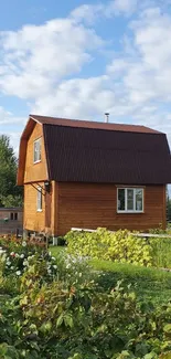 A rustic wooden cabin amidst lush greenery and a blue sky.