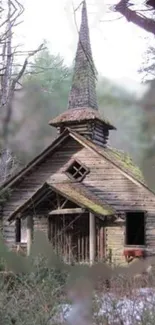 Rustic wooden cabin in forest setting with moss-covered roof.