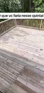 Rustic wooden deck surrounded by greenery.