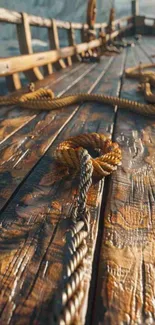 Close-up of rustic wooden dock with rope details in sunlight.