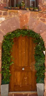 Rustic wooden door with green vines on stone wall.