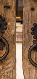 Rustic wooden door with iron handles wallpaper.