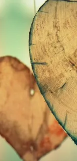 Rustic wooden heart slices in close-up, against a blurred background.