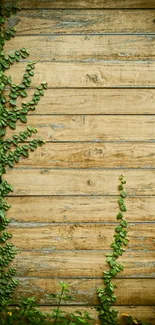 Rustic wooden wall with green climbing vines, nature-themed design.