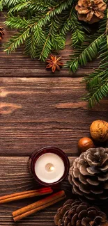 Rustic holiday wallpaper with pine branches and wooden background.