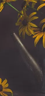 Dark rustic wallpaper with yellow flowers in a vintage watering can.