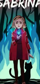 Animated Sabrina in a magical forest with her cat.