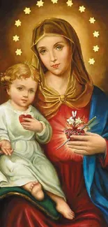 Sacred art wallpaper of Holy Mother and Child with golden halo.