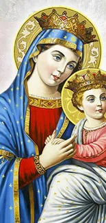 Madonna and Child sacred art wallpaper with blue and gold accents.