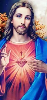 Sacred Heart artistic wallpaper with vibrant blue robe and celestial background.