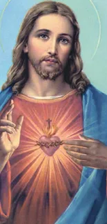 Sacred Heart religious art with calming blue hues for mobile wallpaper.