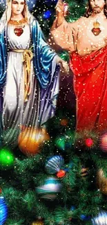 Christmas wallpaper with Sacred Heart symbols and festive ornaments.