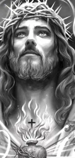 Black and white Jesus Sacred Heart art mobile wallpaper.