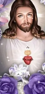 Sacred Heart Jesus with purple flowers wallpaper.