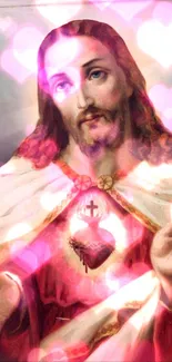 Sacred Heart image with glowing pink hearts.