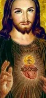 Sacred Heart image with golden tones on mobile wallpaper.