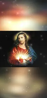 Sacred Heart of Jesus with radiant light against a dark background wallpaper.