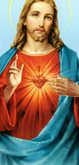 Sacred Heart of Jesus in vibrant colors on a mobile phone wallpaper.