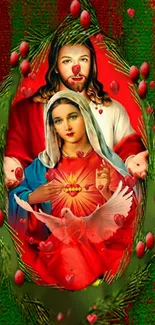 Sacred Heart of Jesus and Mary wallpaper with red hearts and a spiritual theme.