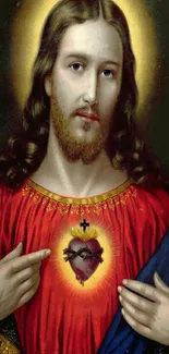 Traditional Sacred Heart wallpaper for mobile device, featuring spiritual artwork.