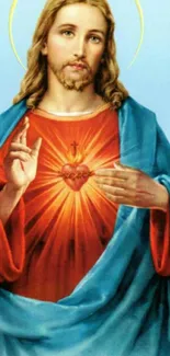 Sacred Heart of Jesus with light blue background.