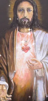 Sacred Heart of Jesus portrait in dark brown tones.