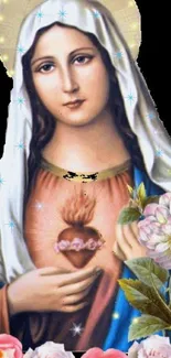 Virgin Mary illustration with Sacred Heart and floral accents.