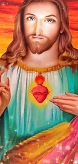 Sacred Heart of Jesus vibrant wallpaper art with warm orange tones.