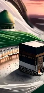 Digital art of Islamic architecture featuring the Kaaba at sunrise.