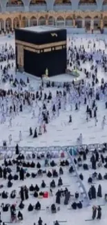 Aerial view of Kaaba in Mecca surrounded by pilgrims.