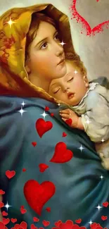 Artistic phone wallpaper of mother cradling child with red hearts.