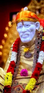 Sai Baba statue with garlands in a golden aura.