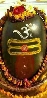 Sacred Shivling adorned with vibrant garlands, featuring spiritual symbols.