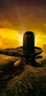 Shivling against a stunning golden sunrise on rocky terrain.